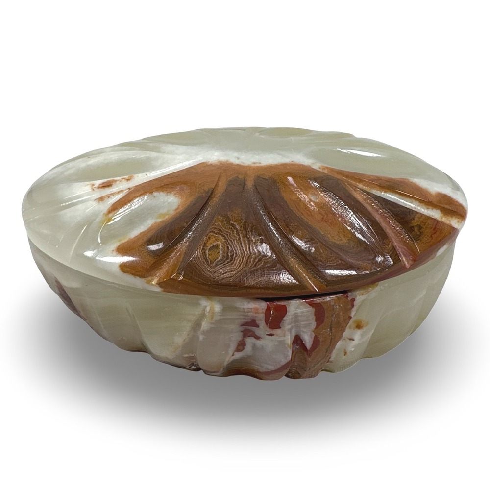 Vintage Hand Carved Onyx Stone Trinket Box Oval Green Brown Marbled Jewelry Dish